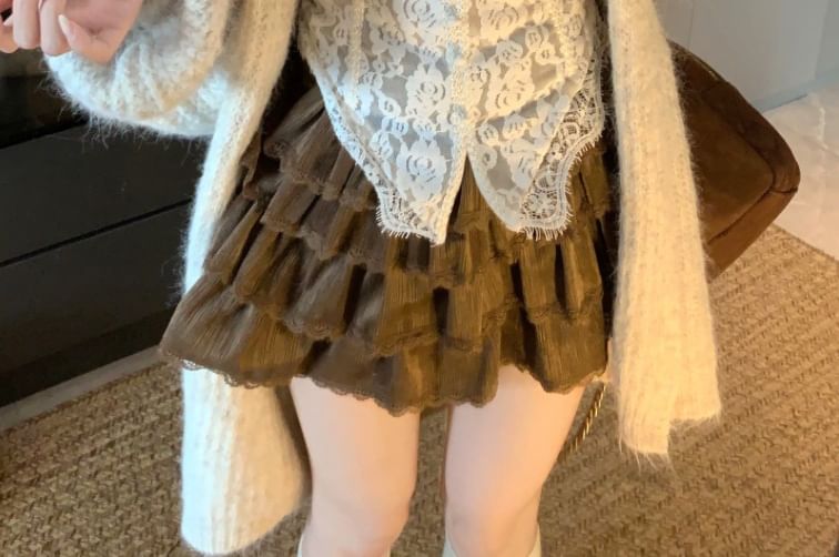 Plain Fluffy Trim Hooded Open Front Cardigan / V-Neck Lace Crop Camisole Top / High Waist Lace Trim Tiered Mini A-Line Skirt