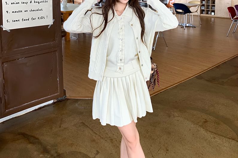 Sleeveless Collared Frill Trim Crop Knit Top / Round Neck Button-Up Plain Cable Knit Cardigan / High Rise Pleated Mini A-Line Skirt