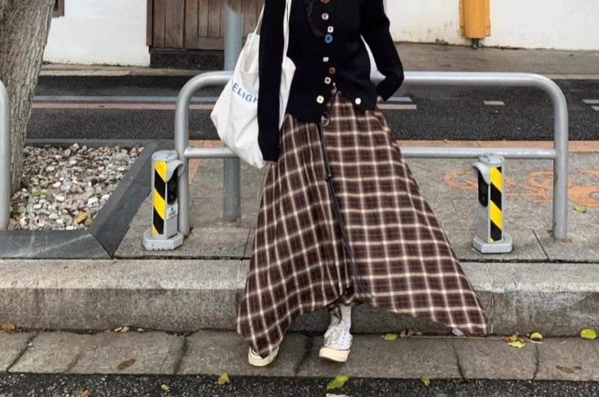 Crew Neck Button-Up Plain Cardigan / High Rise Plaid Midi A-Line Skirt