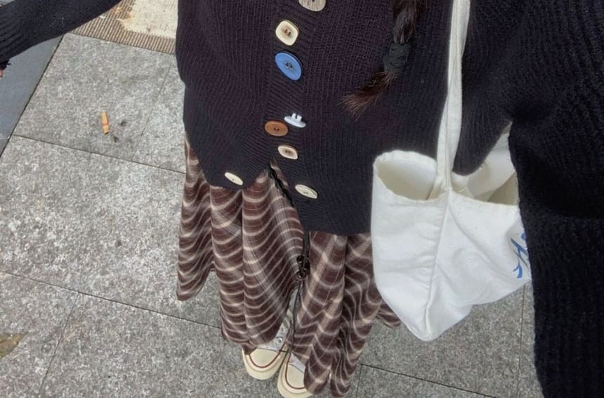 Crew Neck Button-Up Plain Cardigan / High Rise Plaid Midi A-Line Skirt