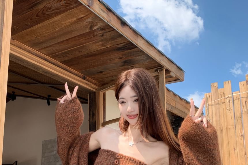 Set: Melange Button-Up Knit Crop Tube Top + Open Front Cardigan