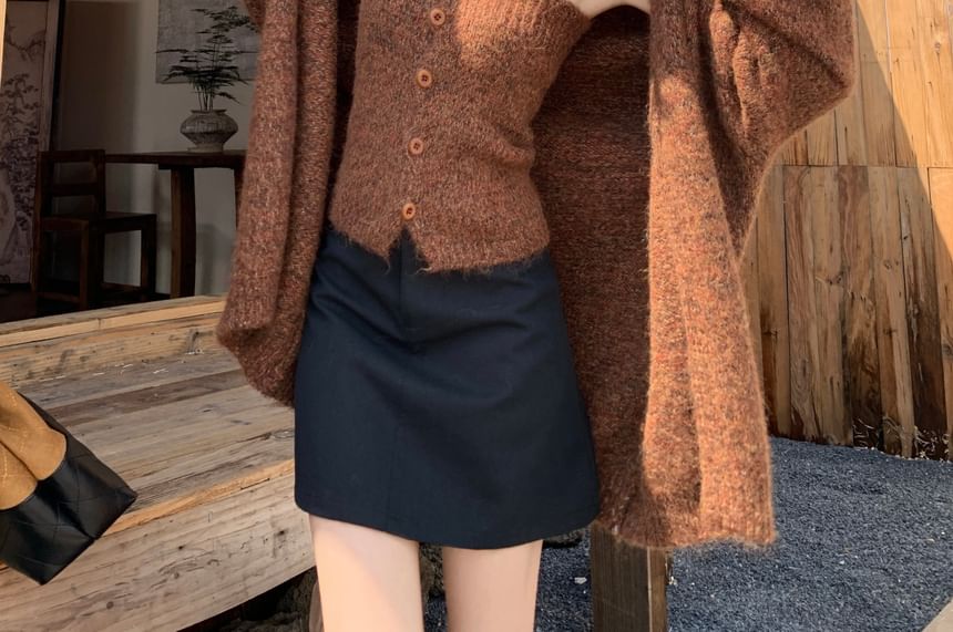 Set: Melange Button-Up Knit Crop Tube Top + Open Front Cardigan