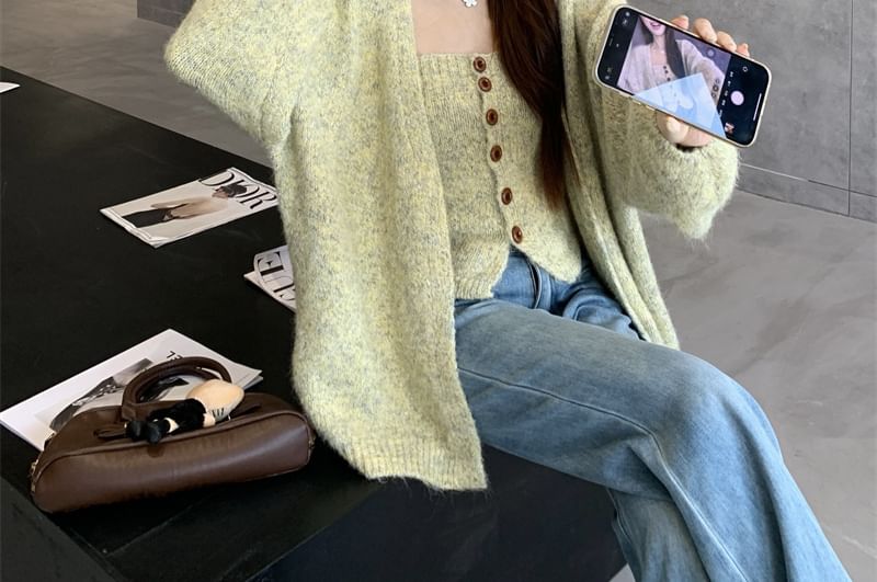 Set: Melange Button-Up Knit Crop Tube Top + Open Front Cardigan