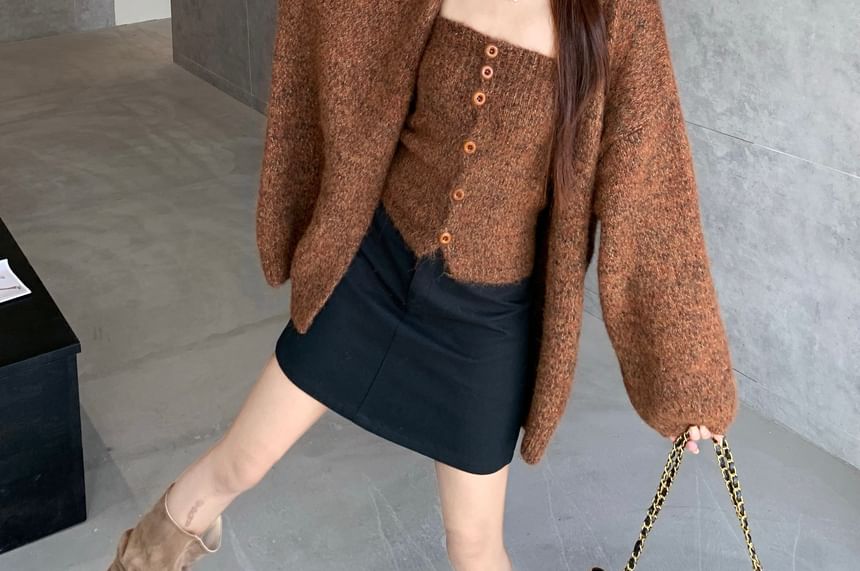 Set: Melange Button-Up Knit Crop Tube Top + Open Front Cardigan