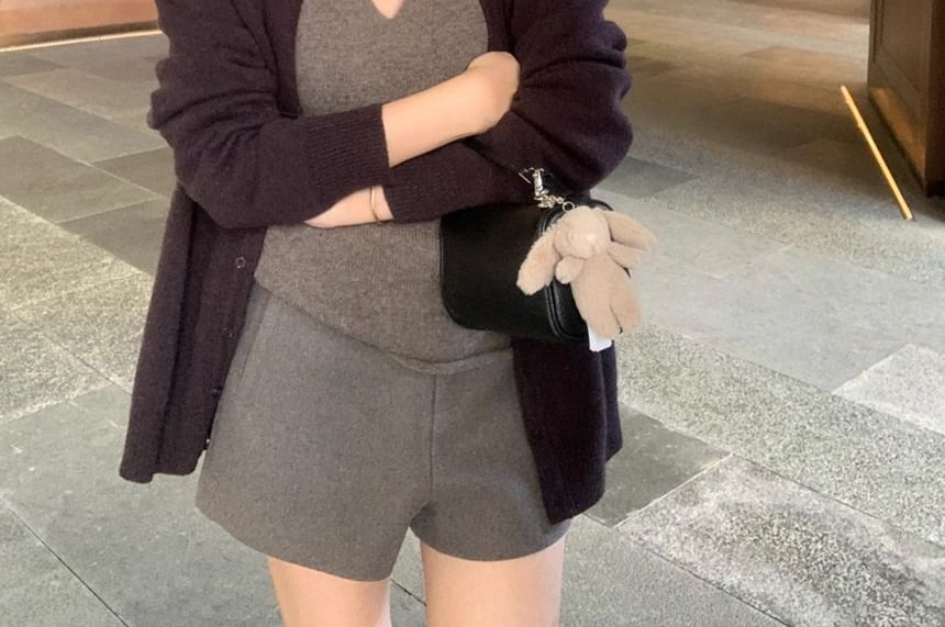 V-Neck Button-Up Plain Cardigan / Tank Top
