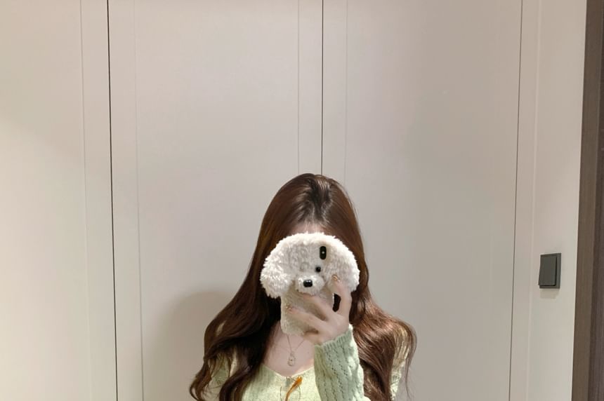 Set: V-Neck Perforated Button-Up Plain Cardigan + Camisole Top