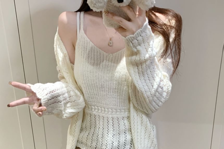 Set: V-Neck Perforated Button-Up Plain Cardigan + Camisole Top
