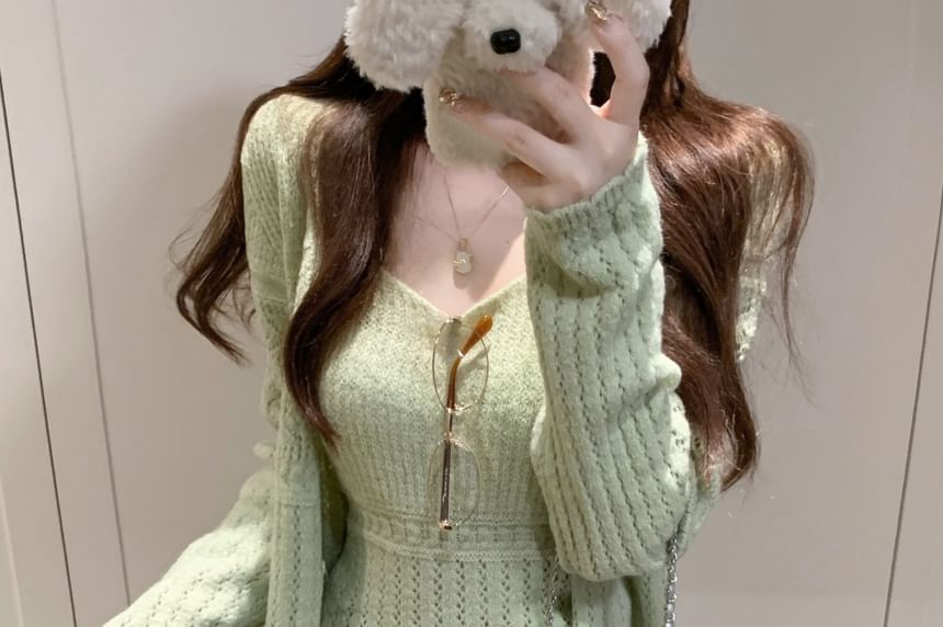 Set: V-Neck Perforated Button-Up Plain Cardigan + Camisole Top