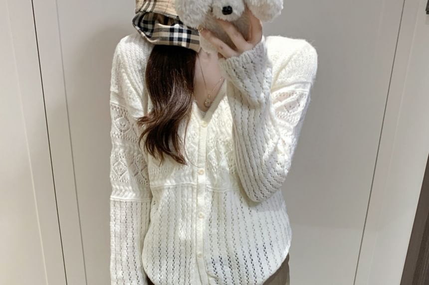 Set: V-Neck Perforated Button-Up Plain Cardigan + Camisole Top