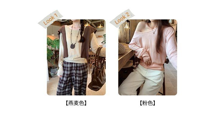 Classic Knit Top with Boat Neckline and Long Sleeves