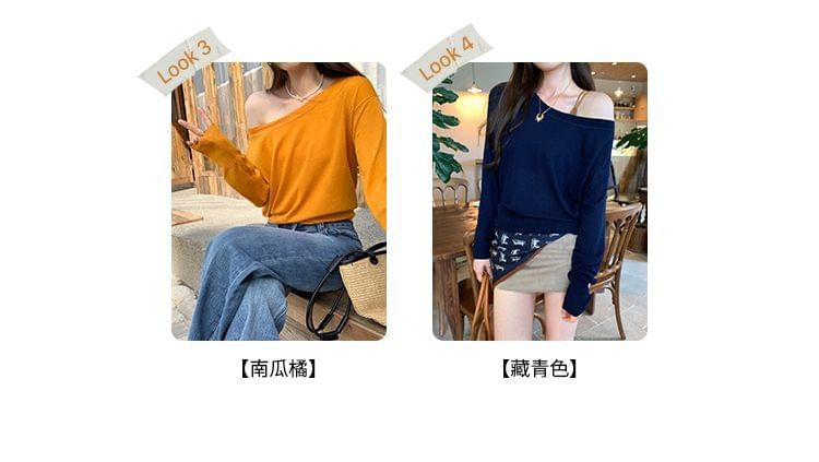 Classic Knit Top with Boat Neckline and Long Sleeves