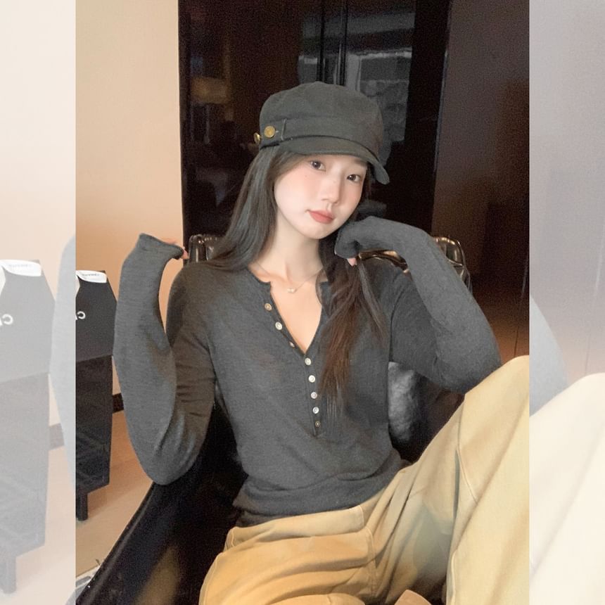 Melange Henley Knit Top with Long Sleeves