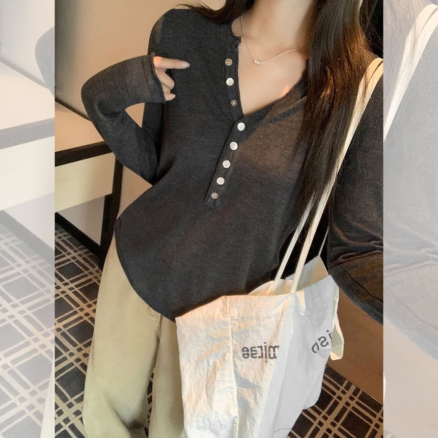 Melange Henley Knit Top with Long Sleeves
