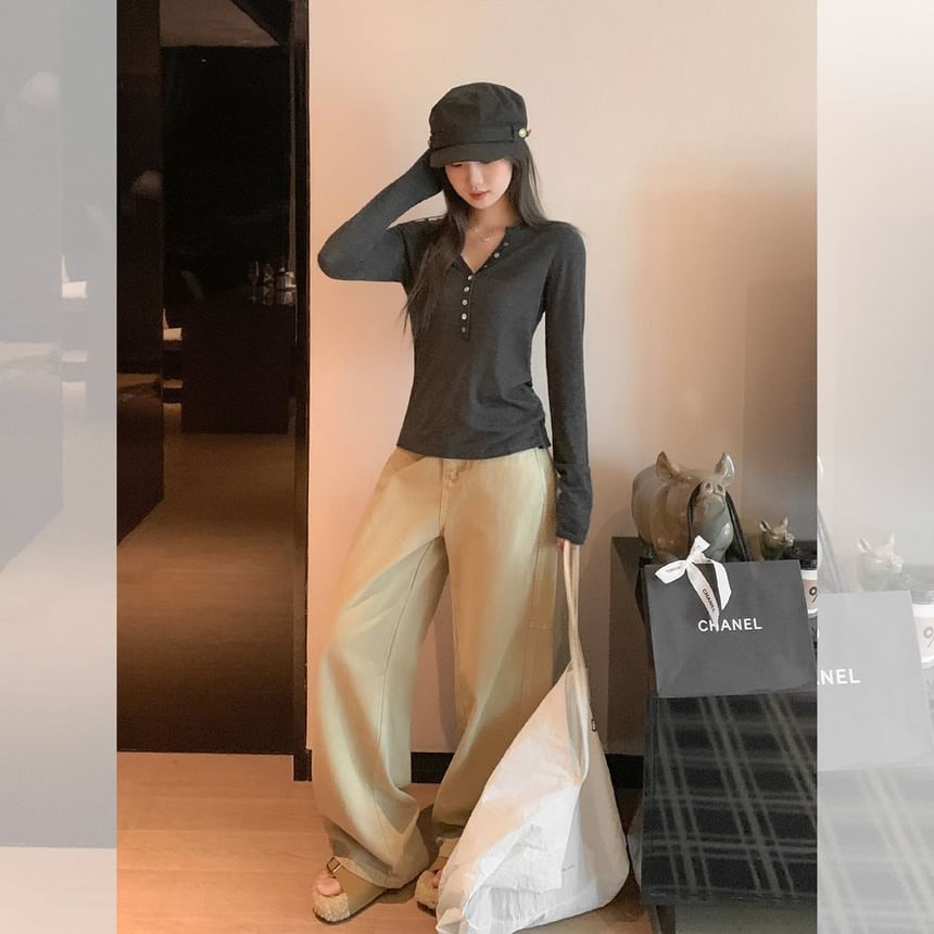 Melange Henley Knit Top with Long Sleeves