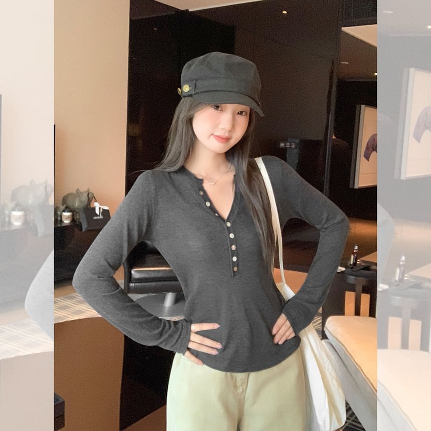Melange Henley Knit Top with Long Sleeves