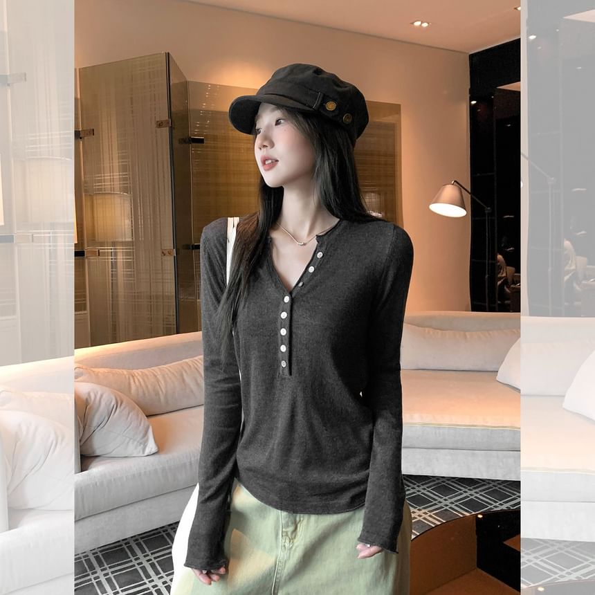 Melange Henley Knit Top with Long Sleeves
