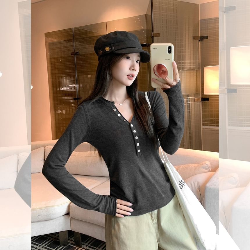 Melange Henley Knit Top with Long Sleeves