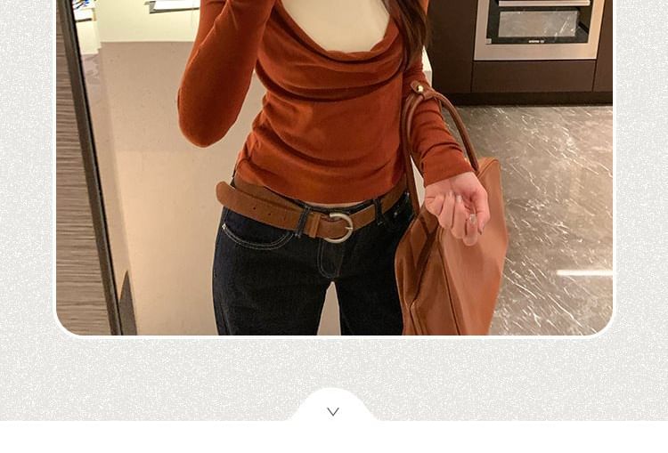 Two-Tone Slim Fit T-Shirt with Mock Two-Piece Cowl Neck and Long Sleeves