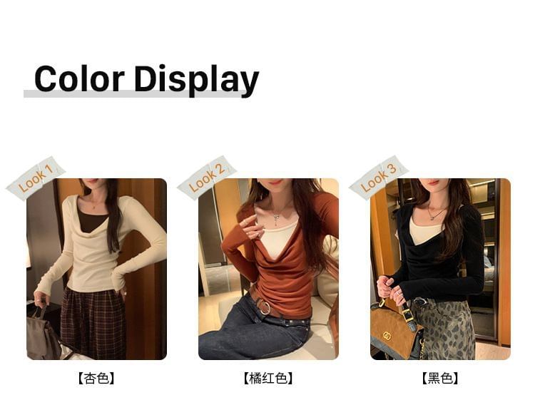 Two-Tone Slim Fit T-Shirt with Mock Two-Piece Cowl Neck and Long Sleeves