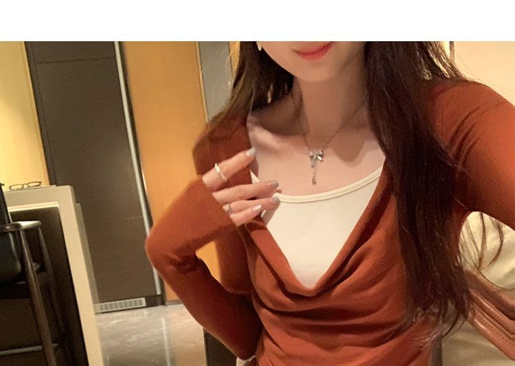 Two-Tone Slim Fit T-Shirt with Mock Two-Piece Cowl Neck and Long Sleeves