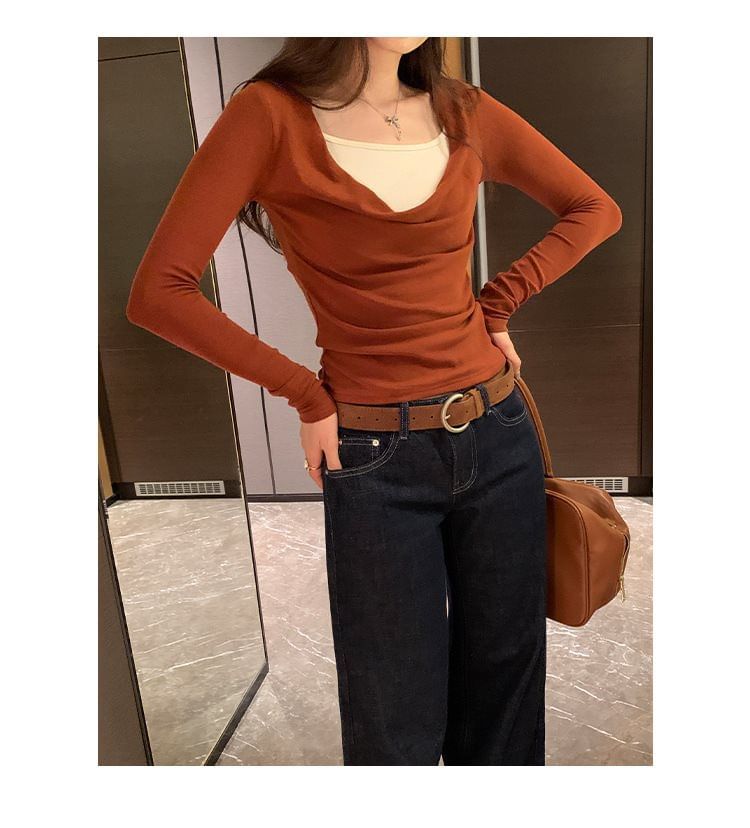 Two-Tone Slim Fit T-Shirt with Mock Two-Piece Cowl Neck and Long Sleeves