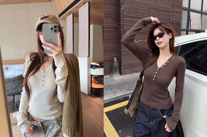 V-Neck Henley Knit Top with Long Sleeves