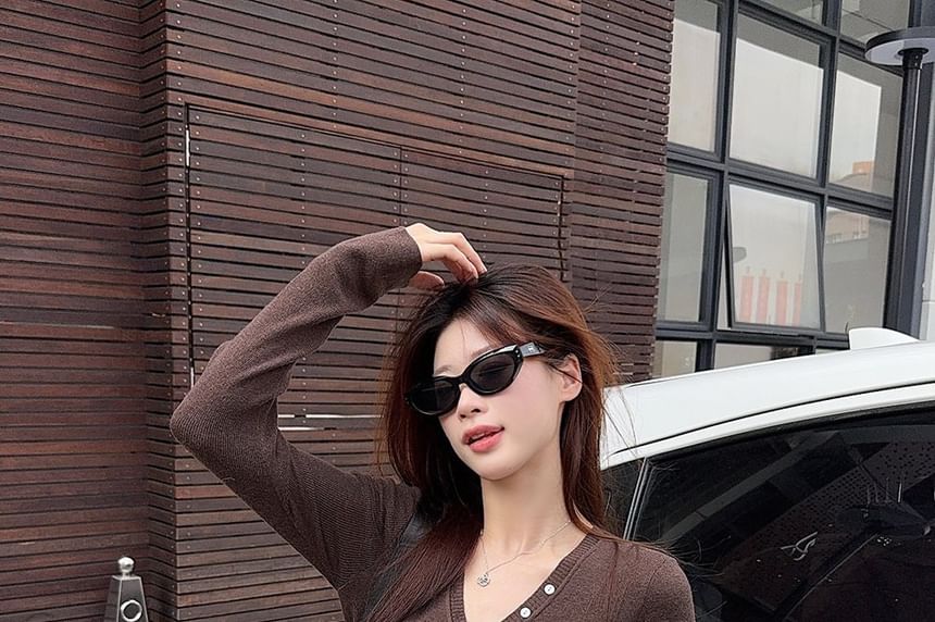 V-Neck Henley Knit Top with Long Sleeves