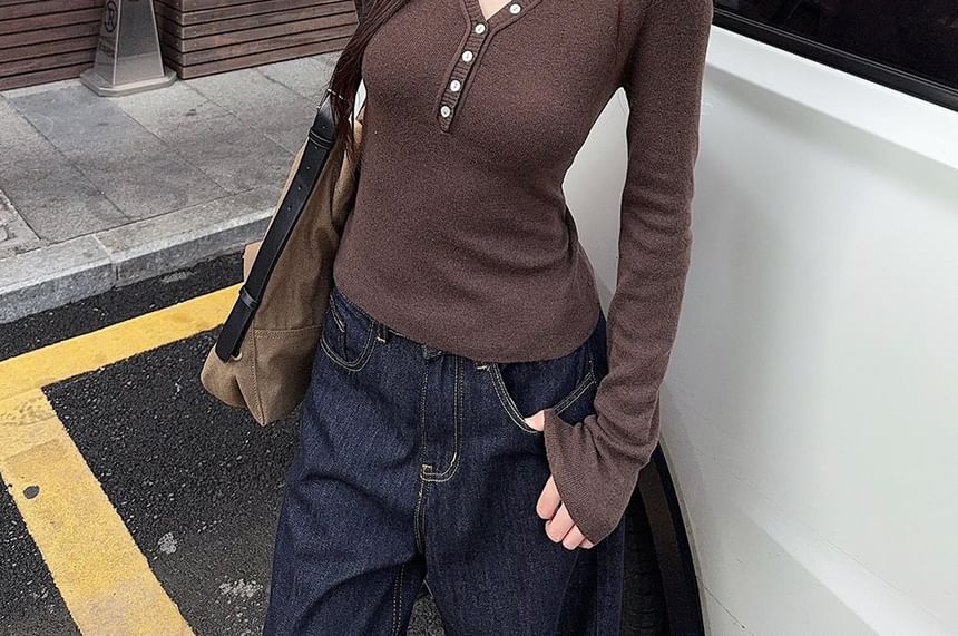 V-Neck Henley Knit Top with Long Sleeves