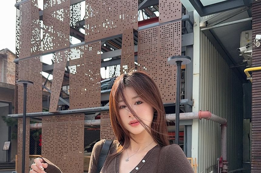 V-Neck Henley Knit Top with Long Sleeves