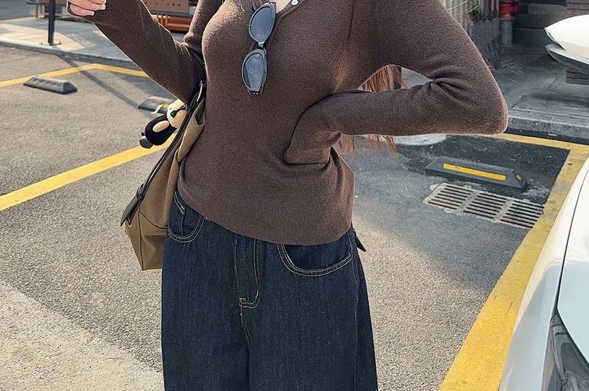 V-Neck Henley Knit Top with Long Sleeves