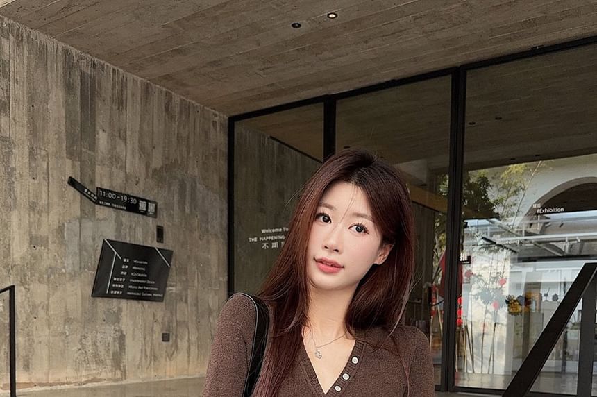 V-Neck Henley Knit Top with Long Sleeves