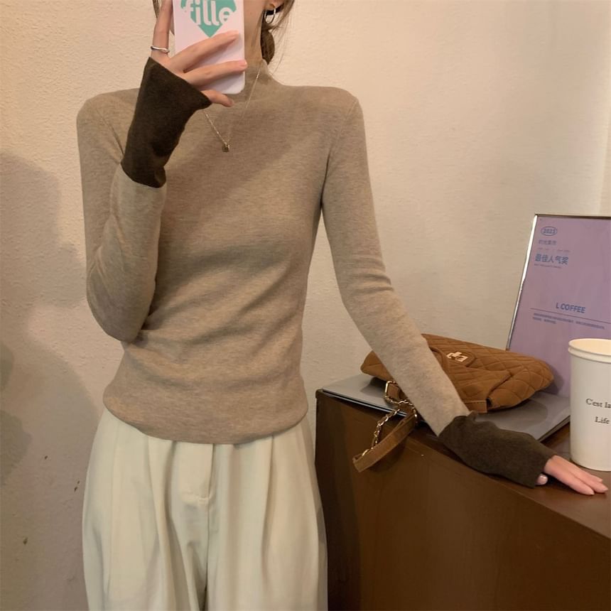 Two-Tone Mock Neck Knit Top with Long Sleeves