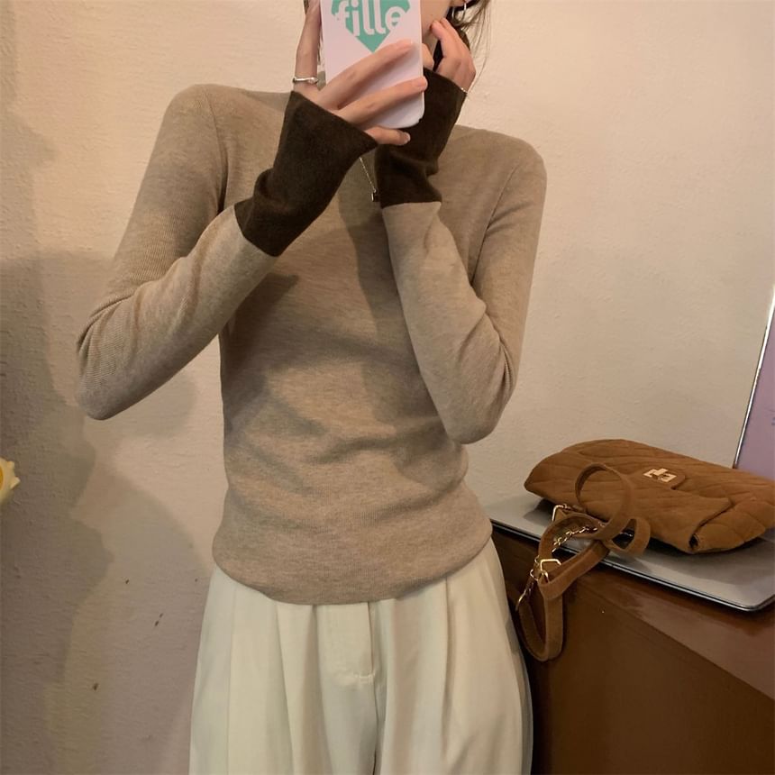 Two-Tone Mock Neck Knit Top with Long Sleeves