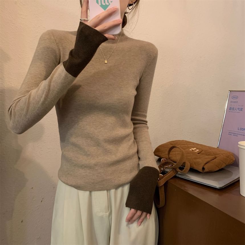 Two-Tone Mock Neck Knit Top with Long Sleeves