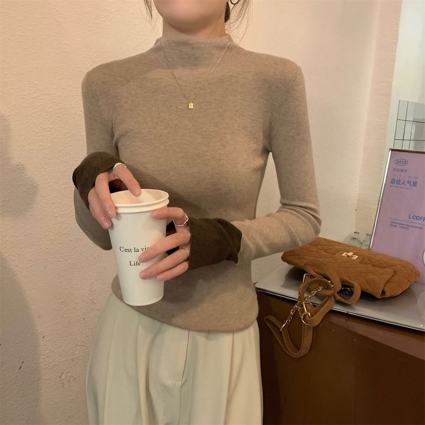 Two-Tone Mock Neck Knit Top with Long Sleeves