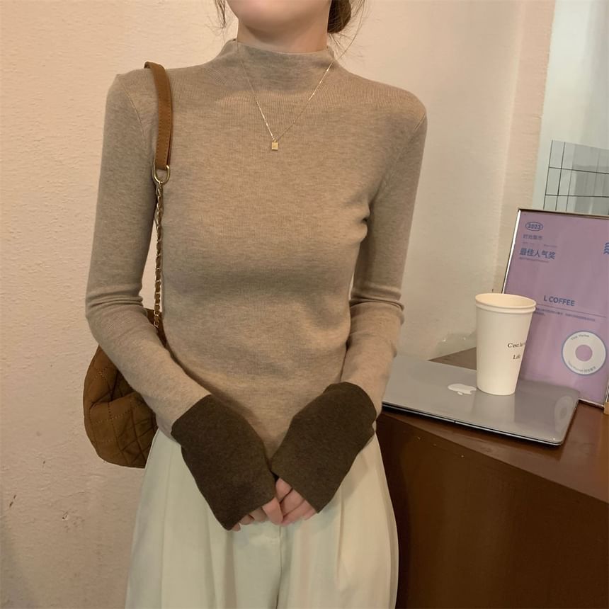 Two-Tone Mock Neck Knit Top with Long Sleeves