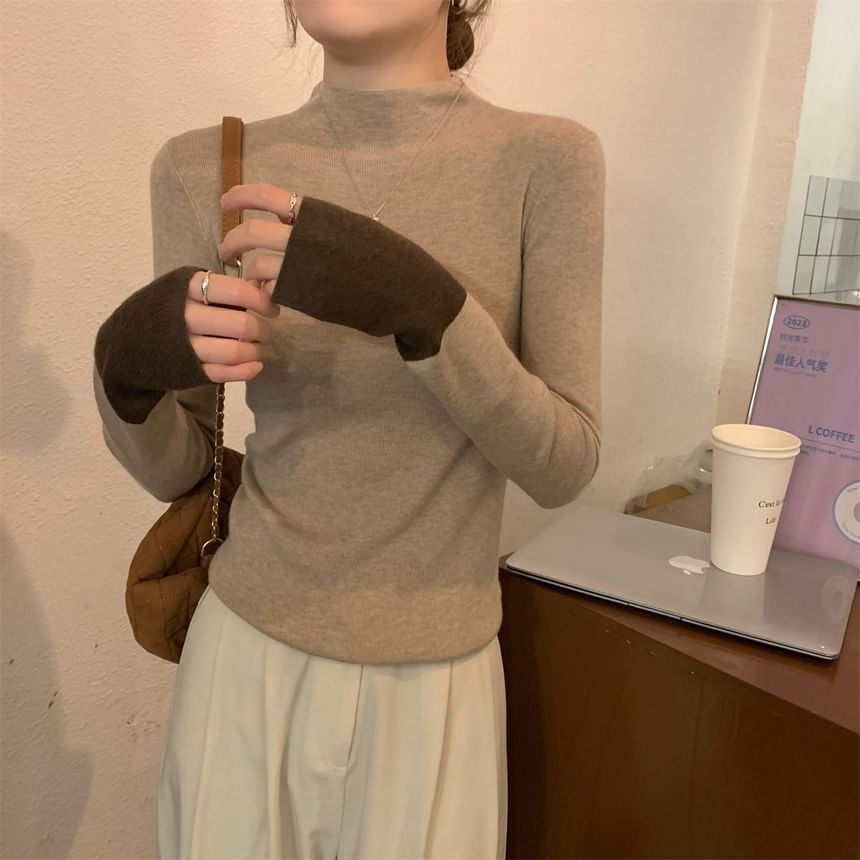 Two-Tone Mock Neck Knit Top with Long Sleeves
