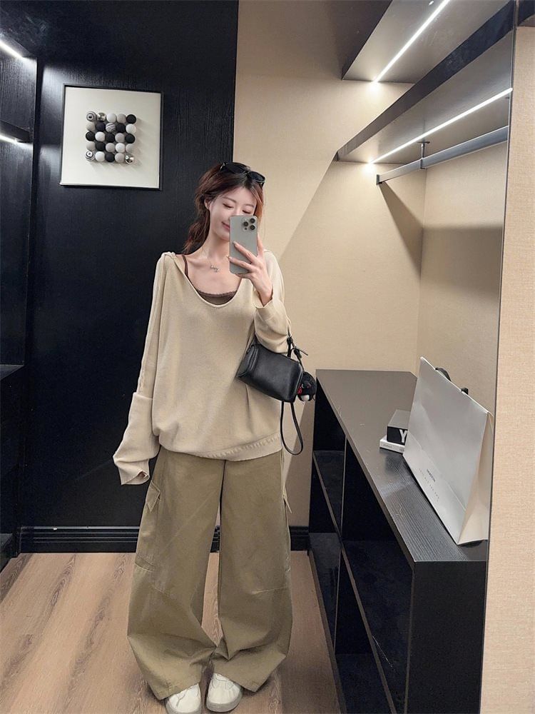Drawstring Sweater with V-Neck, Lace Trim Cami, and Baggy Cargo Pants