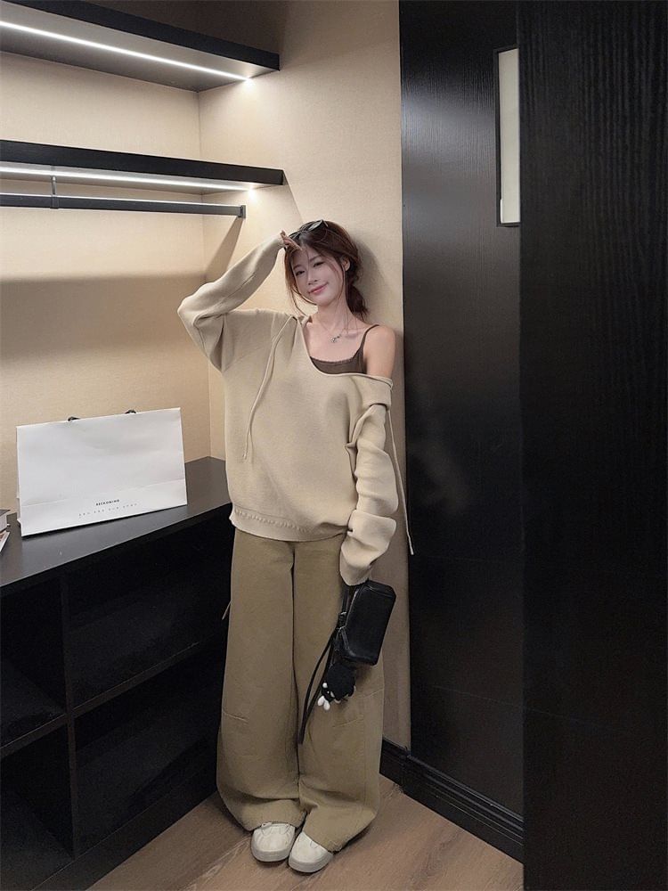 Drawstring Sweater with V-Neck, Lace Trim Cami, and Baggy Cargo Pants