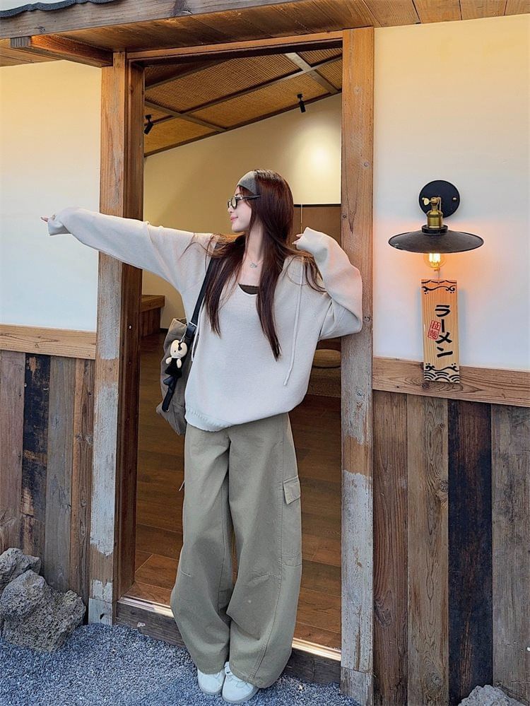 Drawstring Sweater with V-Neck, Lace Trim Cami, and Baggy Cargo Pants