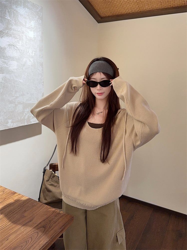 Drawstring Sweater with V-Neck, Lace Trim Cami, and Baggy Cargo Pants