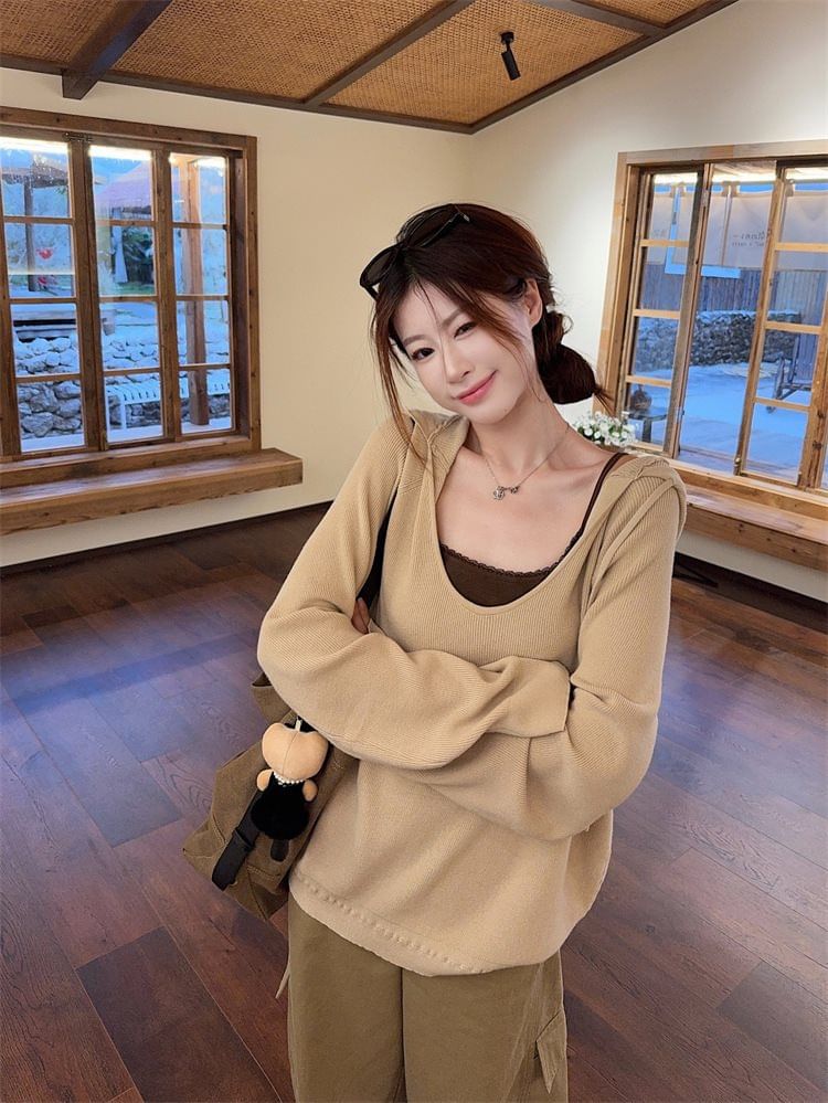 Drawstring Sweater with V-Neck, Lace Trim Cami, and Baggy Cargo Pants