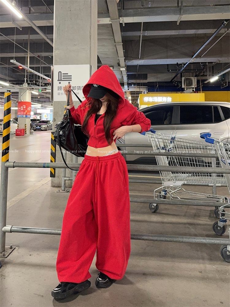 Cropped Zip Hoodie and Drawstring Baggy Sweatpants