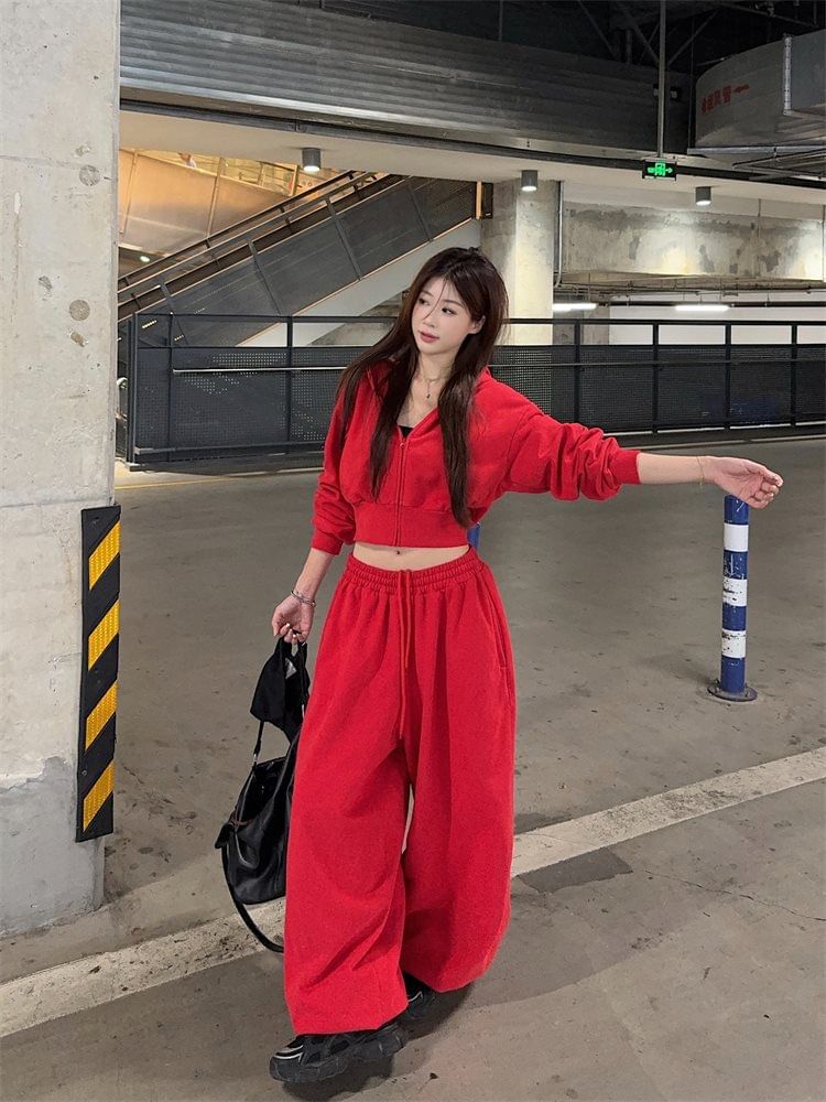 Cropped Zip Hoodie and Drawstring Baggy Sweatpants