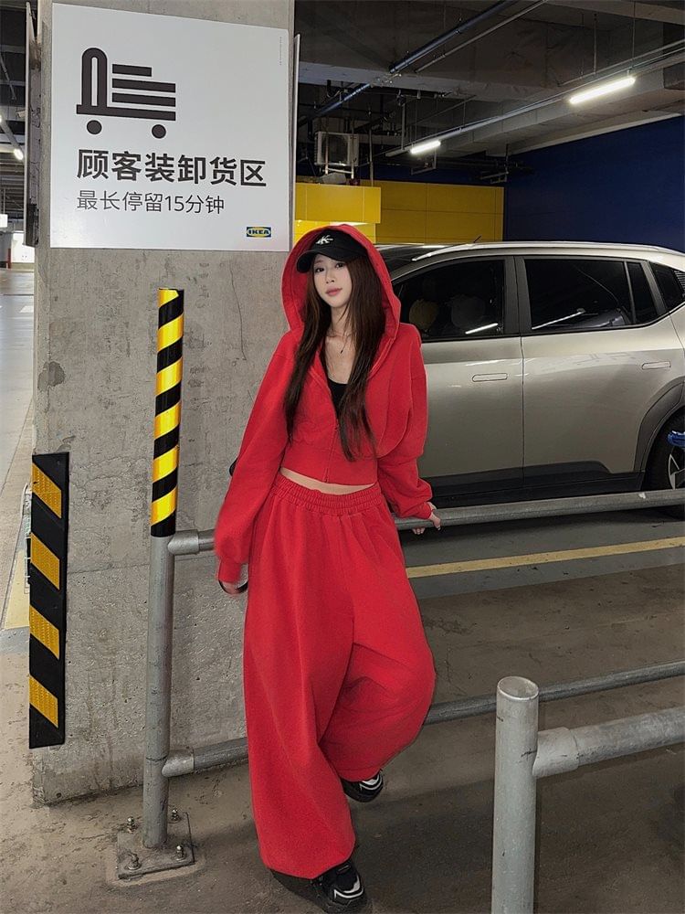 Cropped Zip Hoodie and Drawstring Baggy Sweatpants