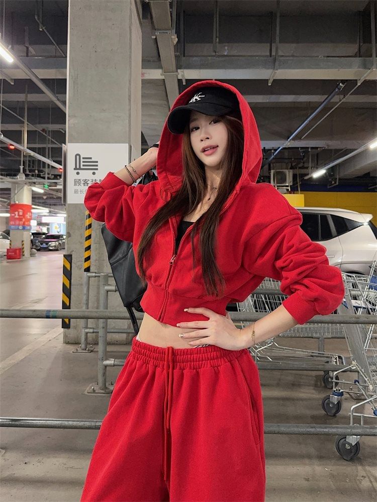 Cropped Zip Hoodie and Drawstring Baggy Sweatpants