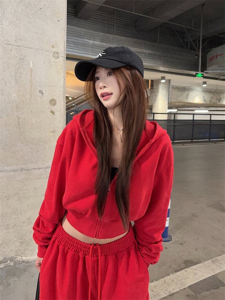 Cropped Zip Hoodie and Drawstring Baggy Sweatpants
