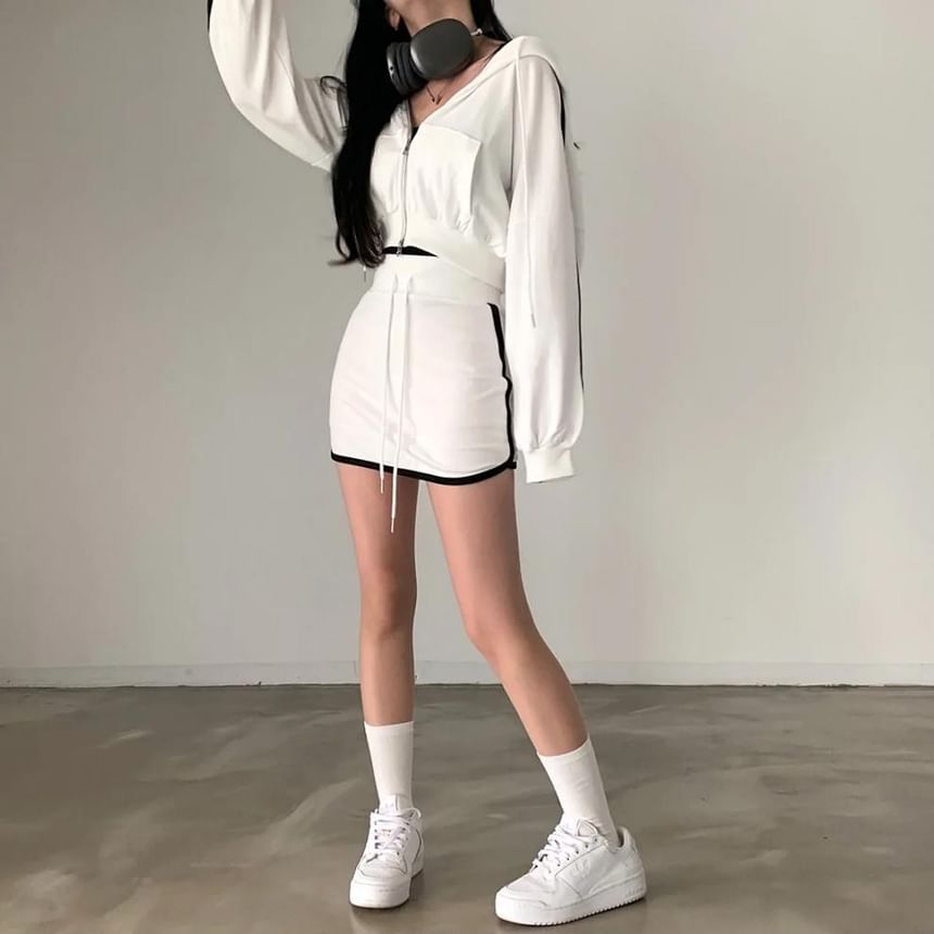 Striped Crop Hoodie & Drawstring Waist Pencil Skirt Set
