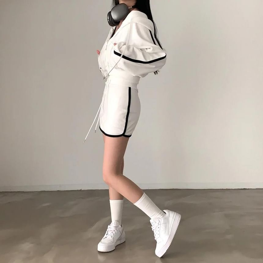 Striped Crop Hoodie & Drawstring Waist Pencil Skirt Set