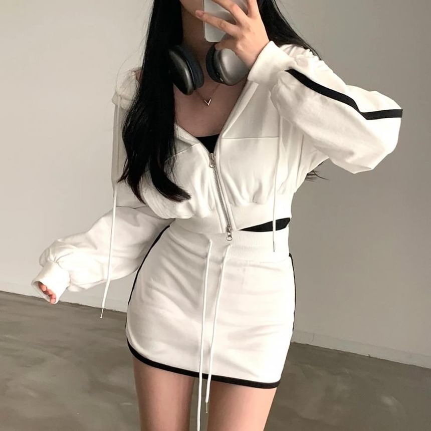 Striped Crop Hoodie & Drawstring Waist Pencil Skirt Set